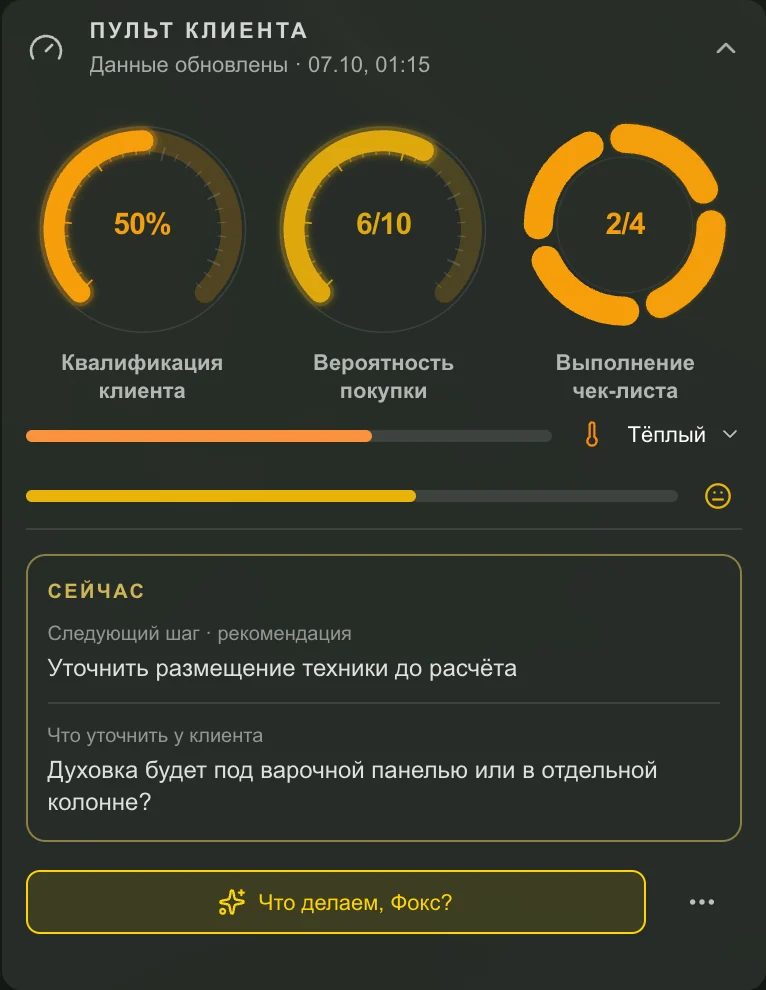 Пульт клиента: реальные приборы, рекомендация и кнопка Что делаем, Фокс?